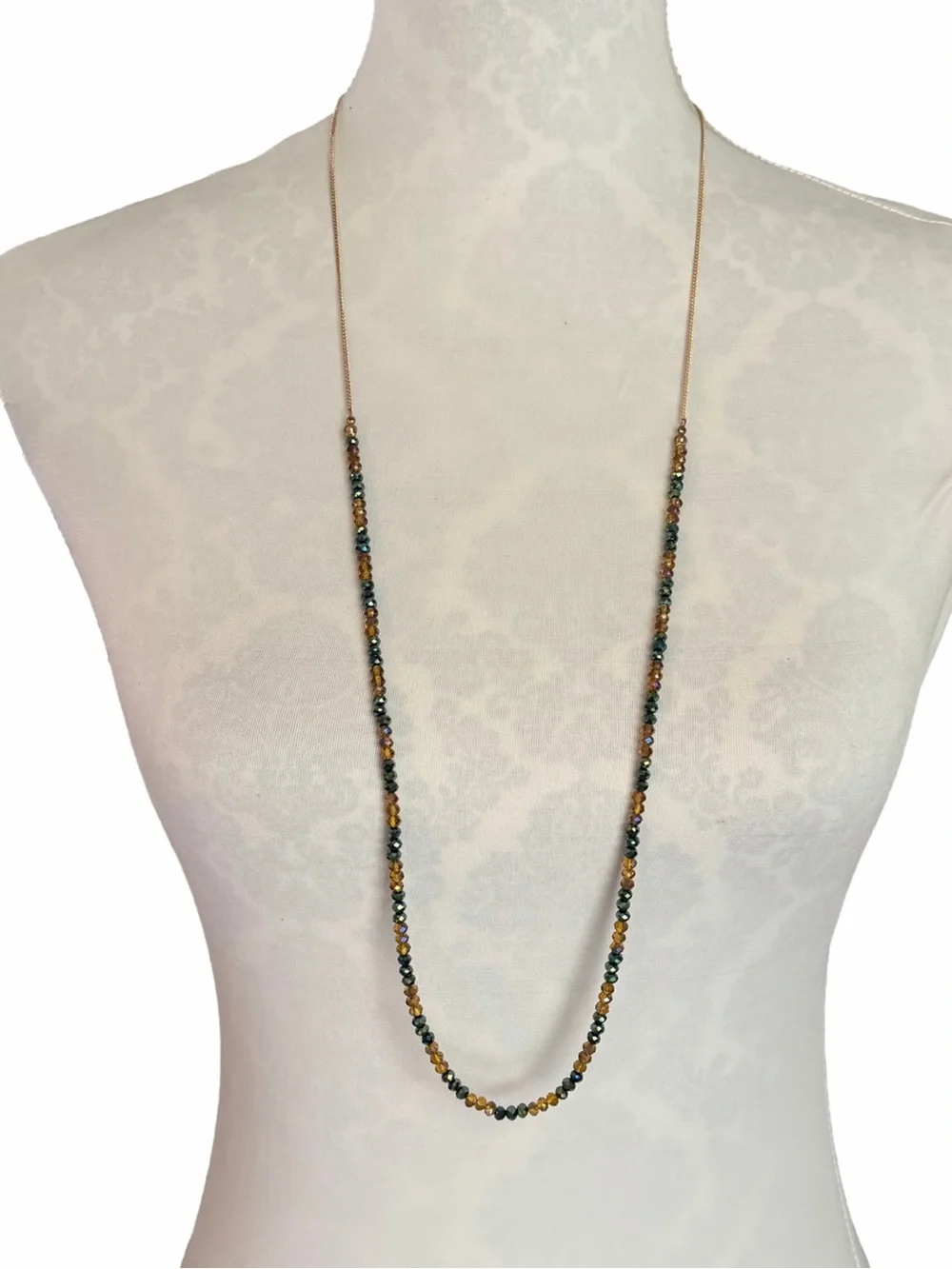 Long Gold Tone Beaded Necklace | Multicolor Faceted Crystal Station Necklace